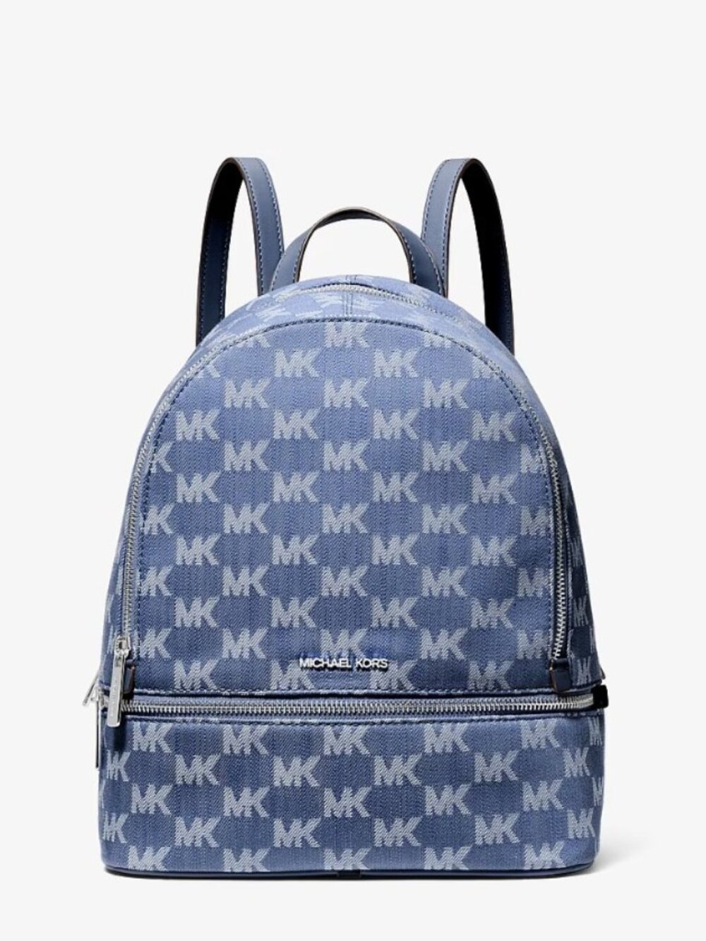 NWT Michael Kors Rhea Medium Logo Jacquard Denim Backpack Blue Silver Hardware